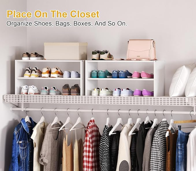 Cidaziya 2 Pack 2 Tier Small White Shoe Rack for Closet, Stackable Shoe Shelf Organizer for 9-12 Pairs of Shoes, Portable Wood and Cloth Structure, Small Shoe Storage Organizer, Size 28.5"* 11" * 13"