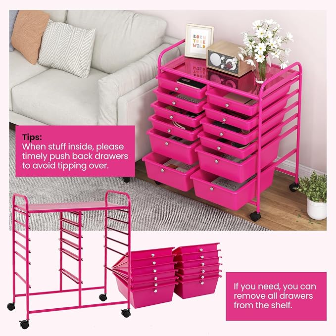 BECOMFORT 12-Drawer Rolling Cart with Drawers, Storage Cart on Wheels, Teacher Classroom Organizers with Metal Frame, Mobile Craft Cart, Trolley Utility Cart for School Office Play Room