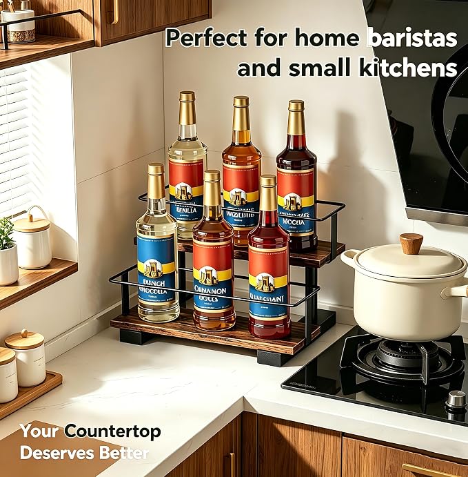 2-Tier Coffee Syrup Rack with High Rails, Holds 6 Bottles | Space-saving stepped shelf with wood & metal, high guardrail, liquor, spice jars & essential oils.