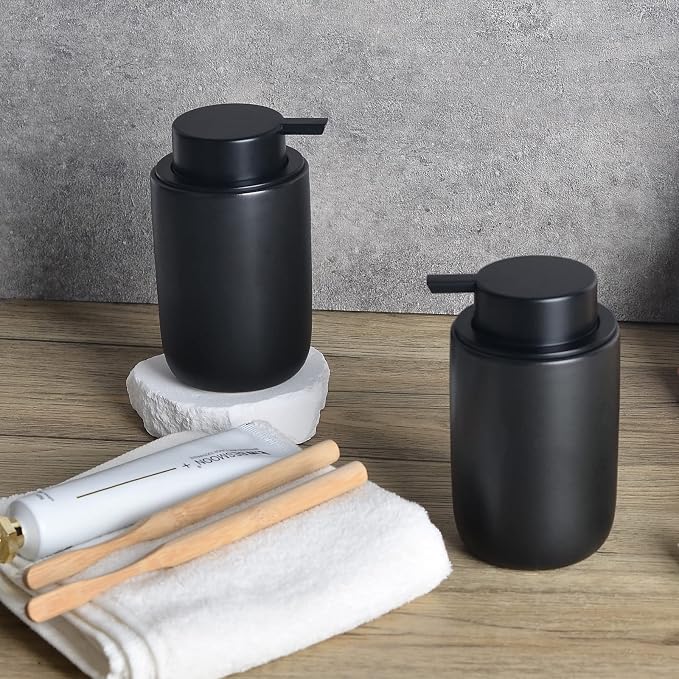 BosilunLife Foaming Soap Dispenser Set - Black Ceramic Foam Hand Dispenser 12oz Soap Dispenser Set with Rust Proof Pump, 4Pcs Clear Stickers for Kitchen, Bathroom - 2 Pack