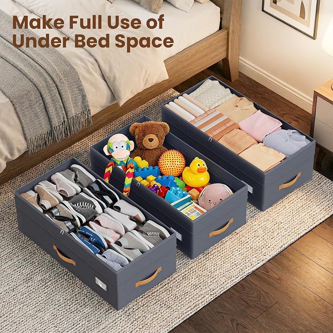 Budding Joy 80L 2 Pack Adjustable Under Bed Storage Containers with Wheels | Rolling shoe storage organizer with clear lids and label for dorm home clothes, blankets, toys, easy to install, grey