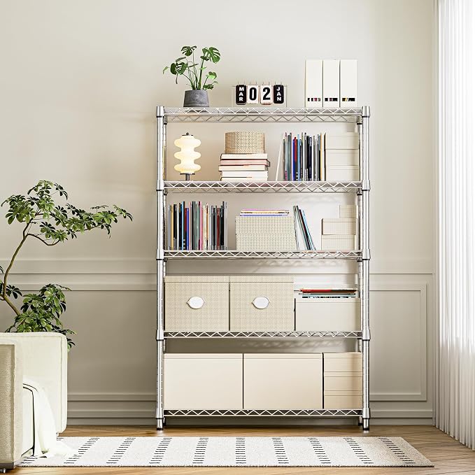 IZEUK 5-Tier Heavy Duty Metal Storage Shelving Unit (Chrome, 17.7" D x 47.2" W x 72.3" H, 1750 lbs Capacity), Adjustable Steel Wire Rack Shelf Organizer for Garage, Kitchen, Pantry, Basement, Laundry