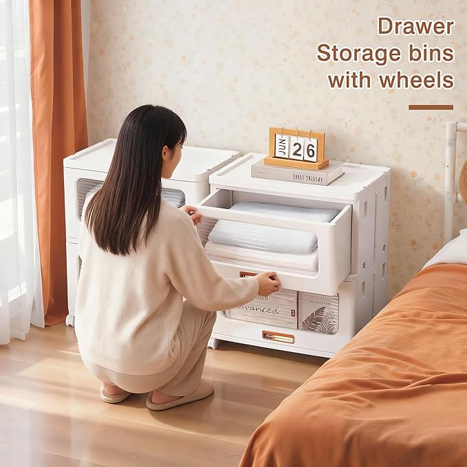 VECELO Storage Cabinet with Drawer, Pull-Out Stackable Bins with Wheels, Waterproof Modular Organizer, Multi-Tier Closet Storage for Bedroom, Living Room & Bathroom, Large 2-Tier