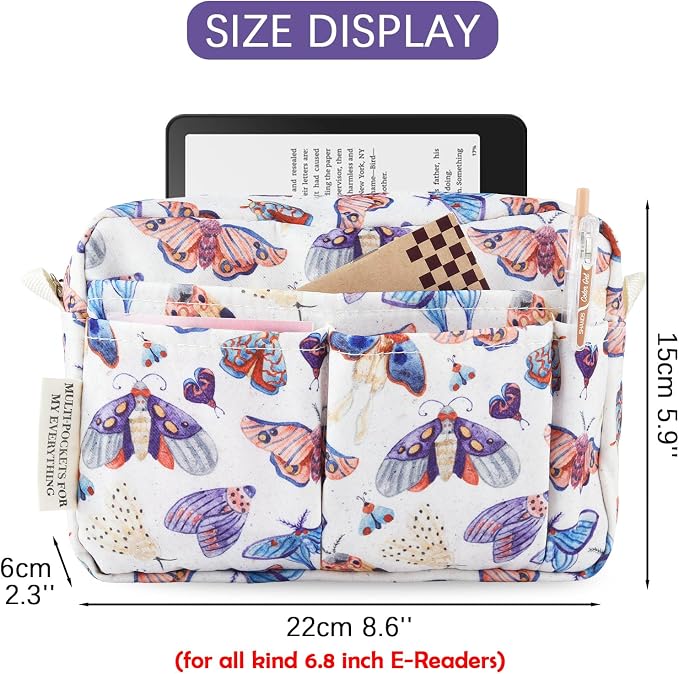 Portfolio Organizer with Multiple Pockets, Waterproof Travel Zippered Toiletry Bag, Portable Storage Pencil Pouch for Notebooks, Stationeries, Make-up, Journal Office Art Supplies.White Moth