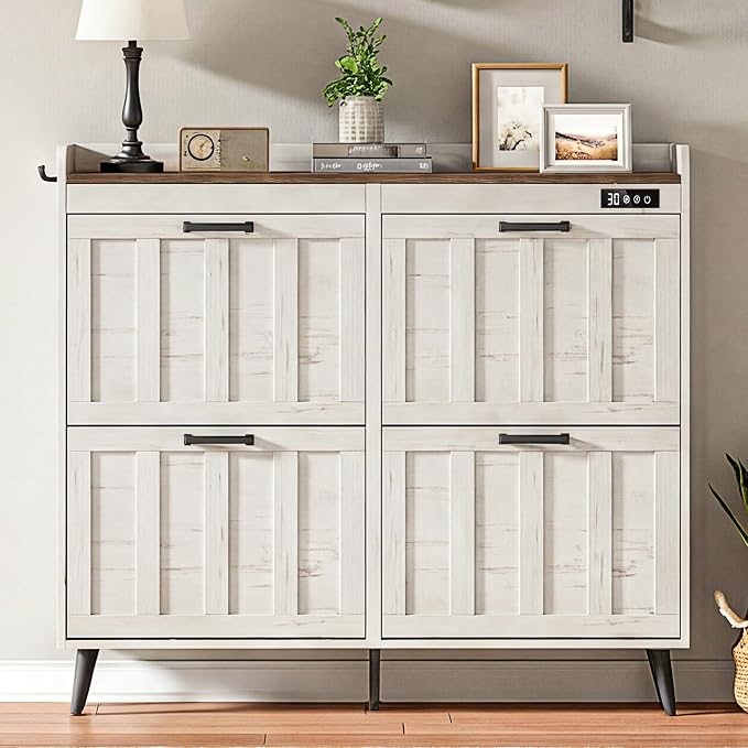 ChooChoo Shoe Storage Cabinet with 4 Flip Drawers, Deodorizing Shoe Organizer Storage for Entryway, Freestanding Hidden Slim Narrow Shoe Rack Cabinet, Antique White & Brown