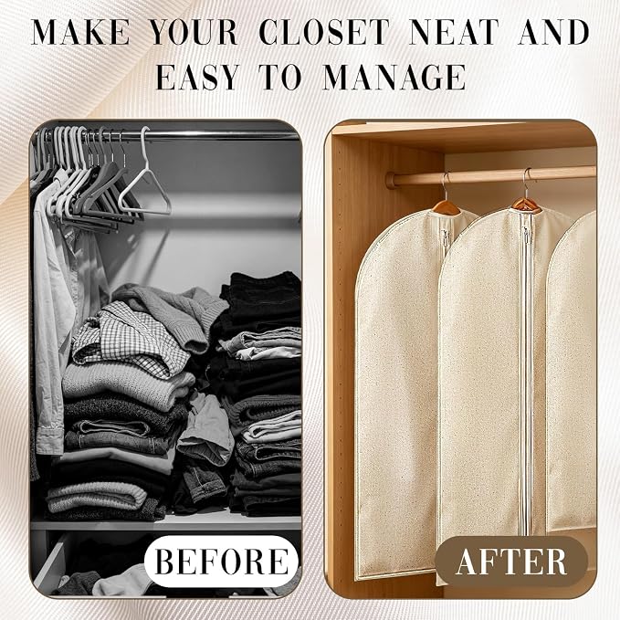6 Pack Cotton Garment Bags 40" Garment Storage Bags for Hanging Clothes | Beige Travel Breathable Washable Suit Covers with ID Card Holder for Coats Jackets Shirts Short Dresses Closet Storage