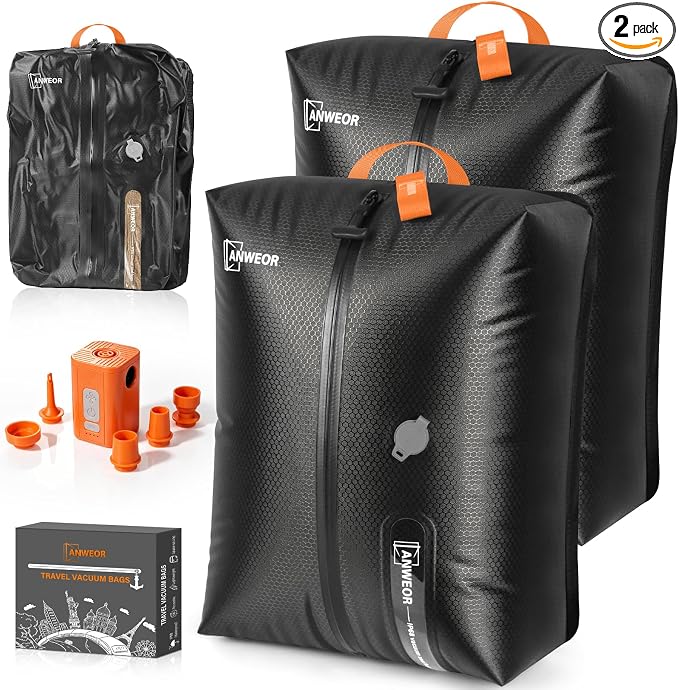 2 Pack Bag with Vacuum Travel for Suitcase, 20L Overpack Vacuum Bags w/Pump | IP68 Waterproof Compression Bags For Carry On Luggage&Backpacks, Reusable Nylon Vacuum Seal Bags For Clothing Travel Kit