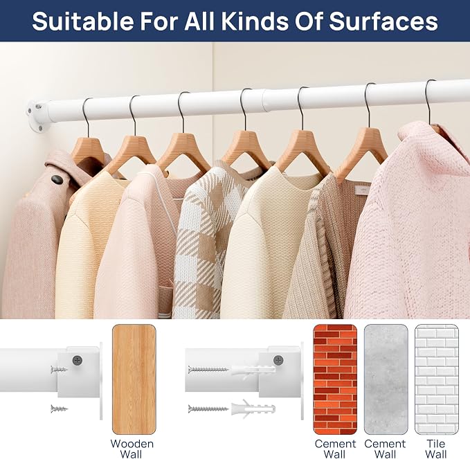 ENJOYBASICS Closet Rods for Hanging Clothes, 17 to 80 Inches Stepless Adjustable Closet Pole, 1.3 Inches Heavy Duty Clothes Rod for Wardrobes, Bathroom, Laundry and Windows, White