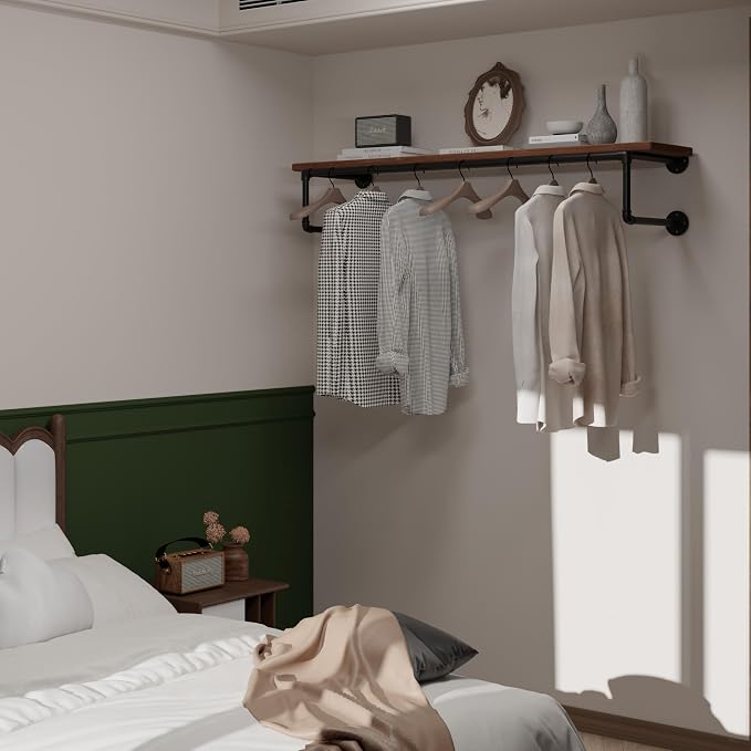 Clothes Rack 48in, Wall Mounted Garment Racks with Real Wood Shelf, Heavy Duty Hanging Clothes Rack, Multi-Purpose Hanging Rod, Space-Saving Closet Storage