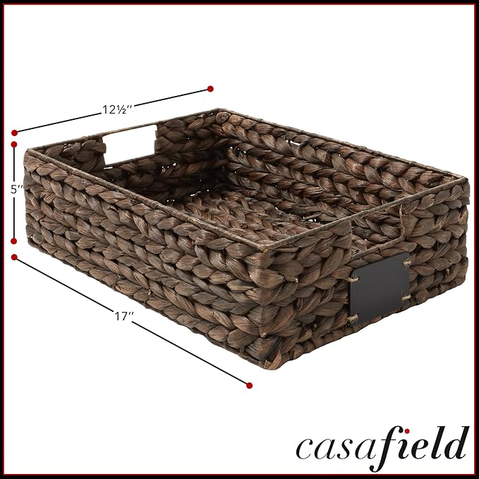 Casafield Set of 4 Water Hyacinth Pantry Baskets, 12-1/2" x 17" x 5", with Chalkboard Labels and Chalk Marker - Espresso, Woven Storage Bin Organizers for Kitchen Shelves