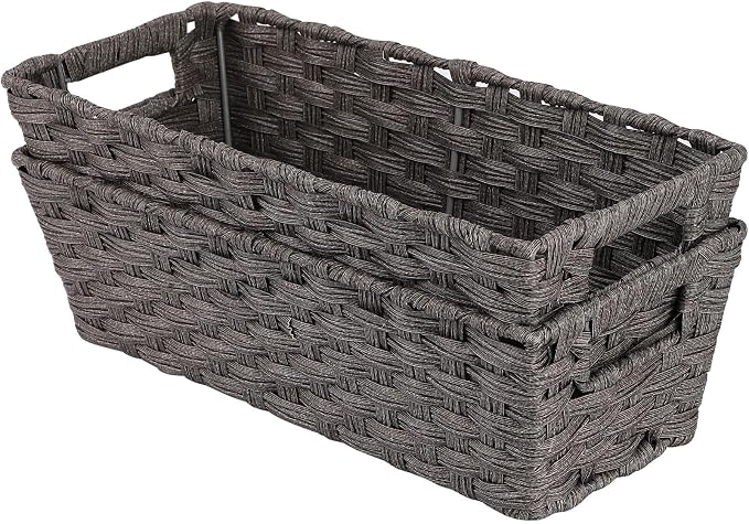 2-Pack Plastic Wicker Toilet Paper Baskets, 15.75"x6.75"x4.75", Dark Grey | Versatile woven bins for bathroom, toilet tank, shelf organization, and home decor.