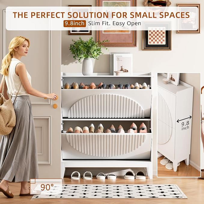 Vlsrka Shoe Cabinet with 3 Doors, Narrow Wooden Shoe Cabinet, Hidden Shoe Storage for Entryway, Foyer, Hallway (White CCC)