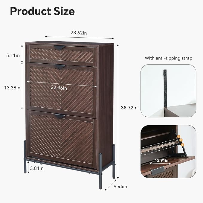 Shoe Cabinet with 2 Flip Drawers, Narrow Entryway Rack, Brown | Slanted Wood Grain, Freestanding, Adjustable Compartments, Removable Middle Shelf, Metal Handles, for Hallway Foyer Entrance