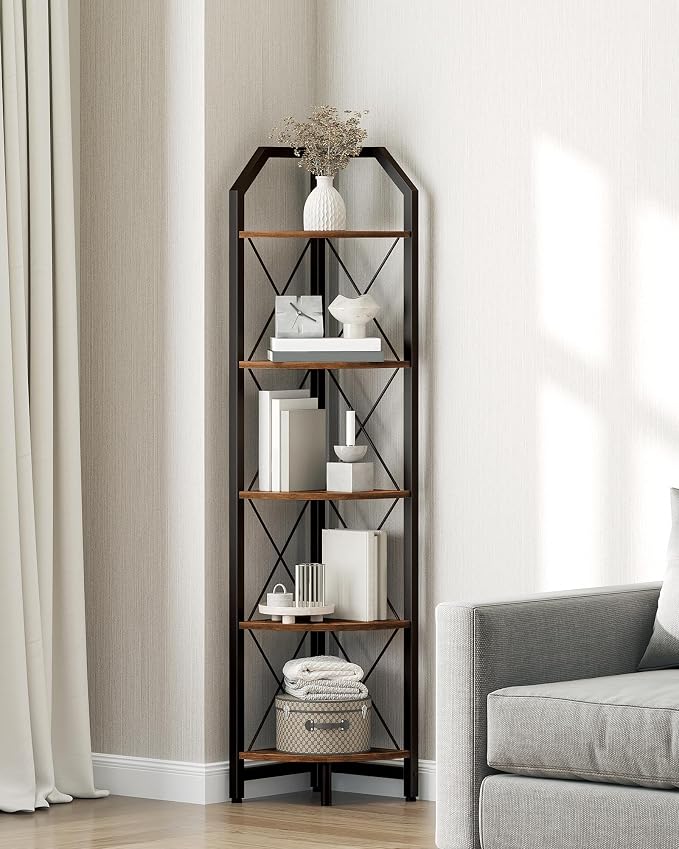 CHOEZON 59.4" Corner Shelf, 5-Tier Industrial Corner Bookshelf, Corner Storage Stand, Plant Stand Display Shelf, Bookcase for Bedroom, Living Room, Home Office, Rustic Brown and Black TCJ10BF