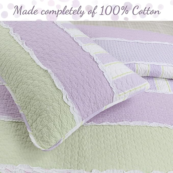 Cozy Line Lavender Green Stripe & Purple Dots Quilt Set – 3-Piece 100% Cotton Reversible All-Season Bedspread with Shams, Girls Kids Bedroom Décor, Queen