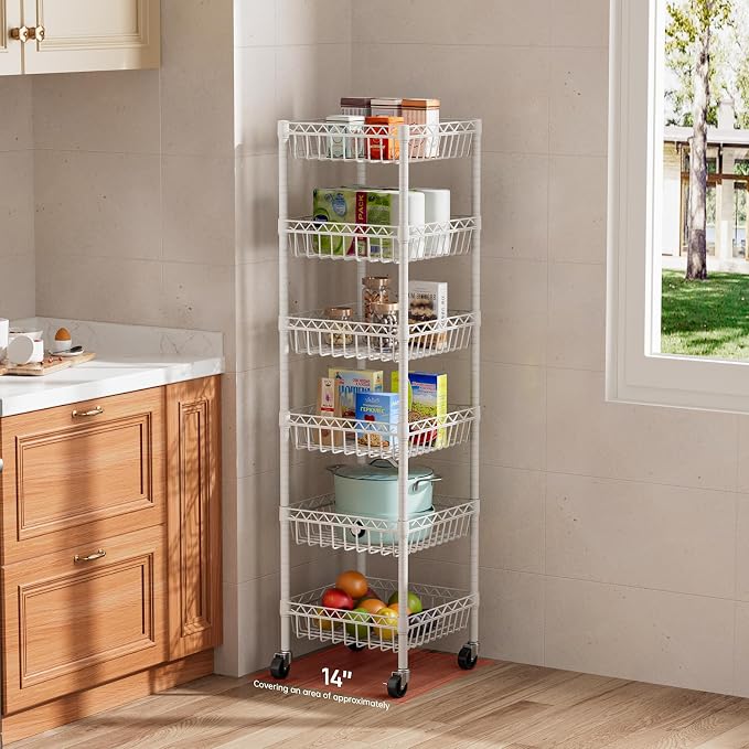 Golpart Basket Shelves Closet Rack with Wheels Metal Pantry Wire Shelf Unit | 6 tier Storage Rolling Shelving Bathroom Organizers Kitchen Garage Laundry Room Organization Home 13.6"Dx13.6"Wx63"H White