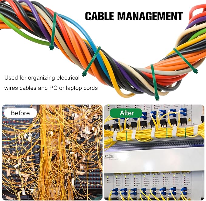 Zip Ties Assorted Sizes(4”+6”+8”+12”), 2000 Pack,Green Cable Ties,Multi-Purpose Self-Locking Nylon Cable Cord Management,Plastic Wire Ties for indoor and outdoor use.