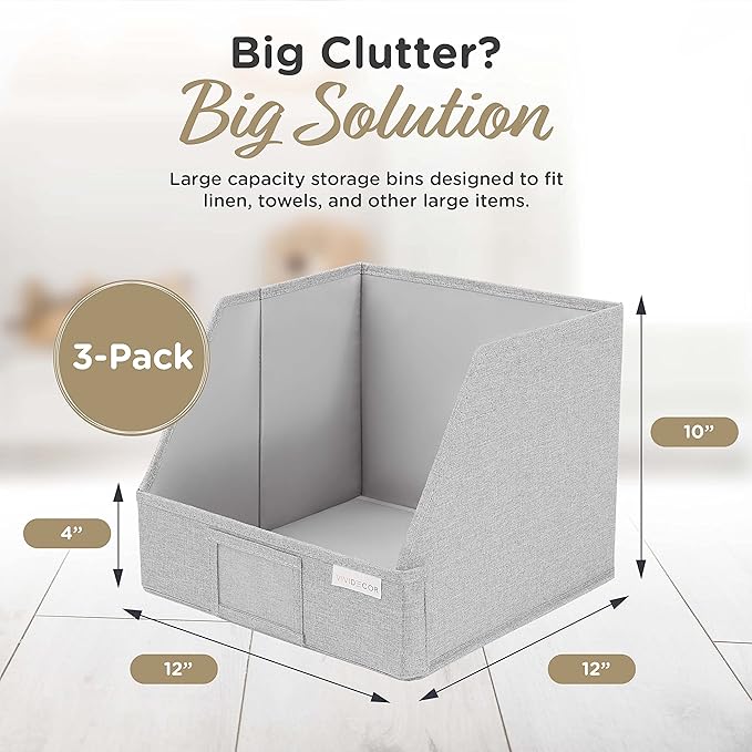 VIVIDECOR Trapezoid Closet Bins for Shelves – 12x12x10 Fabric Storage Baskets, Closet Organizers Bins, Open Front Fabric Baskets, Collapsible Organizer Boxes for Clothes, Linen – Light Gray, 3 Pack
