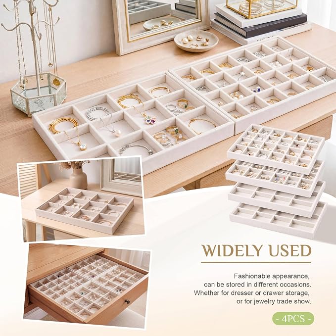 Unittype Set of 4 Stackable Jewelry Organizer Tray for Drawer Inserts Velvet Necklace Earring Bracelet Ring Holder Jewelry Display Storage Box for Bangle Stud Necklace Ring(24+12 Grid,Beige)