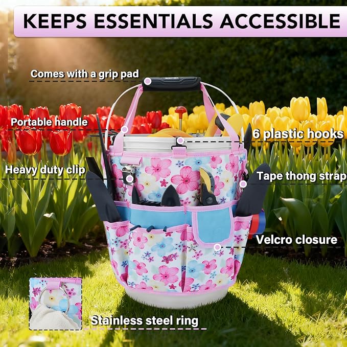 KUNN Gardening Gift for Women Men 5 Gallon Bucket Tool Organizer with 18 Pockets, Heavy-Duty Bucket Buddy Caddy Bag, Garden Tools Organizer Storage with Comfort Grip Handle Pad Attachment,Pink
