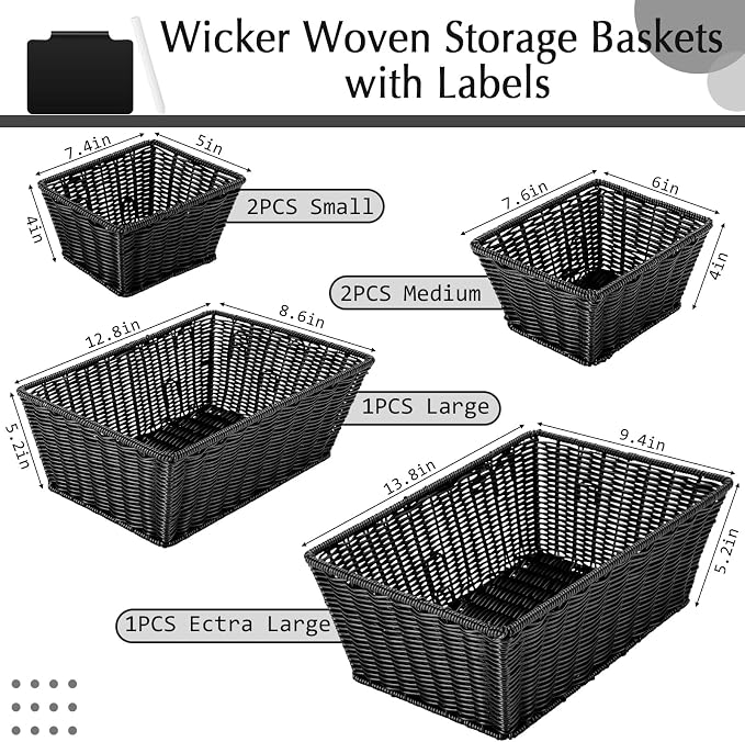 Marsui 6 Pcs Wicker Storage Baskets for Pantry Organization with Labels Handwoven Multi-size Black Wicker Storage Bins for Organizing Small Baskets Container for Shelves Closet Toilet