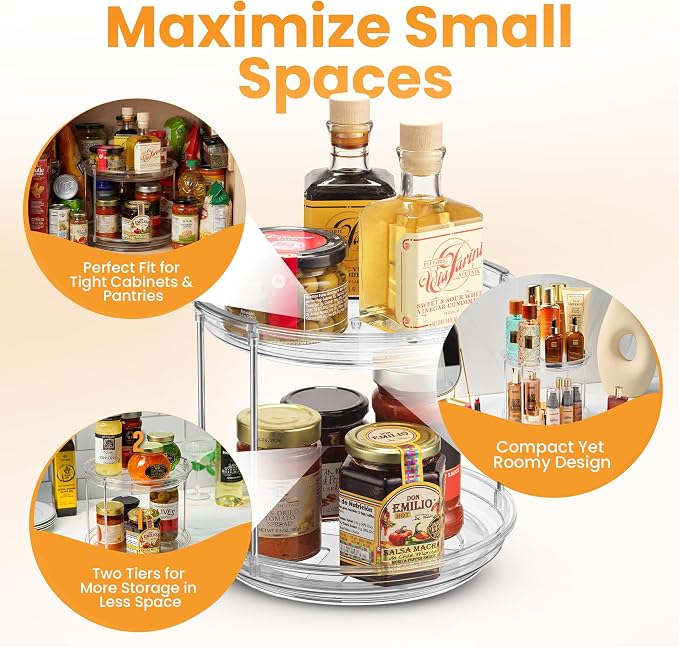 Oizeir 2 Tier Lazy Susan Organizer for Cabinet, Clear Acrylic Rotating Spice Rack Turntable for Kitchen, Pantry, Countertop, Bathroom, Vanity – Double Tier Storage Carousel with Metal Supports