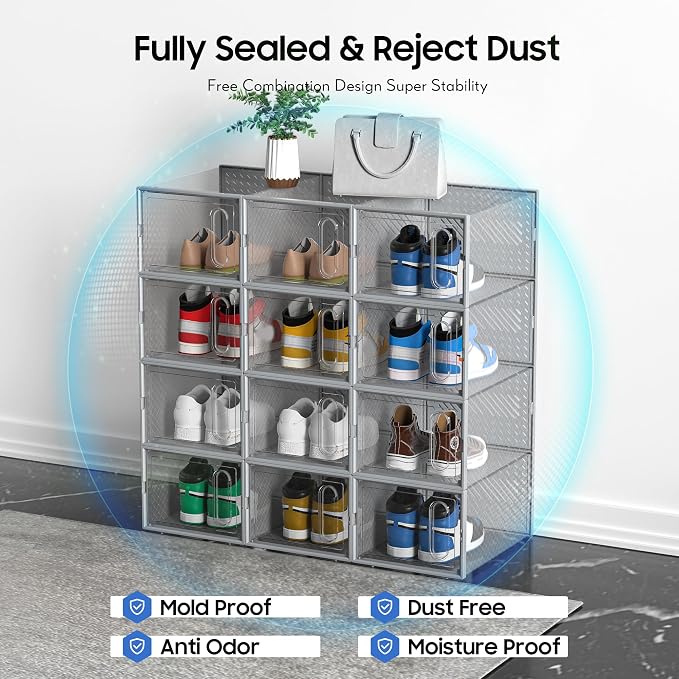 eWonLife Large Shoe Organizer Storage Box with Magnetic Door,12 Pack Clear Plastic Stackable Sneaker Containers for Closet, Connect Left and Right Shoe Box for Entryway, Drop Front, Under Bed (Grey)