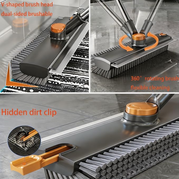 3 in 1 Long Handle Floor Scrub Brush with Squeegee | Adjustable stiff bristle scrubber with squeegee & tweezer, duty multi-surface for shower tile patio kitchen bathtub cleaning