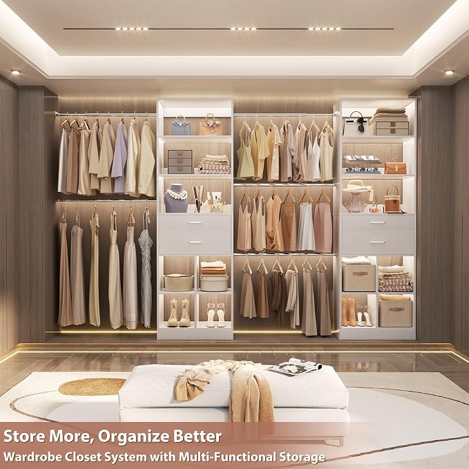 Besiost Closet System, 7.4ft-10ft with 4 Wooden Drawers and 5 Hanging Rods, Can Fit 88 to 123 inch Walk-in Closet System, White