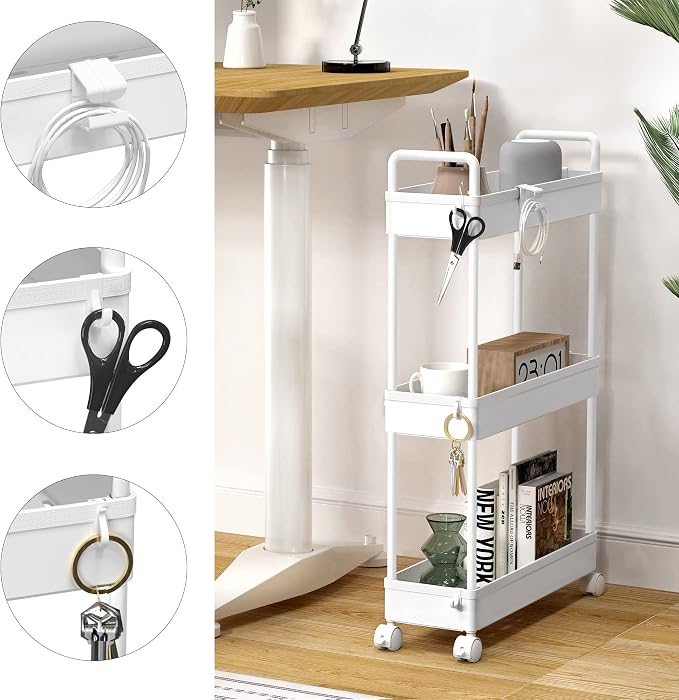 SOLEJAZZ Slim Rolling Storage Cart Skinny Bathroom Organizer, 3 Tier, White | Thin utility cart with wheels for bathroom, laundry room, bedside, kitchen, dorm, office, next to fridge, small narrow places