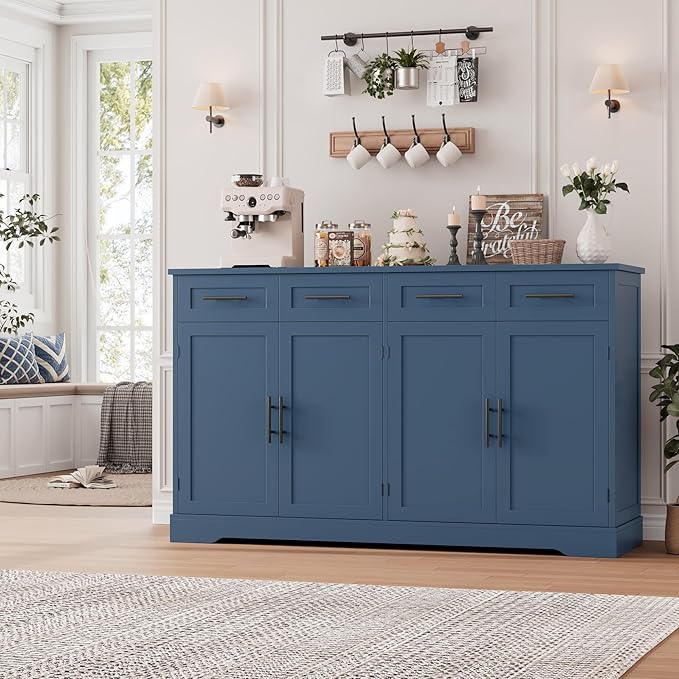HOSTACK 60" W Sideboard Buffet Cabinet with Storage, Kitchen Cabinet, Blue | 36" Tall Kitchen Buffet Storage Cabinet with 4 Drawers, Large Coffee Bar Cabinet, Modern Buffet Table for Dining Living Room
