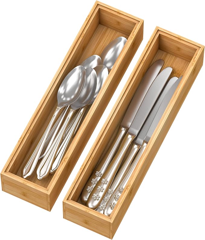 Bamboo Kitchen Drawer Organizer 12"x 3", Wooden Stackable Silverware Tray | Utensil Organizer Cutlery Holder for Kitchen, Wooden Storage Box for Bathroom, Multi-Use Storage Bins Dividers for Office
