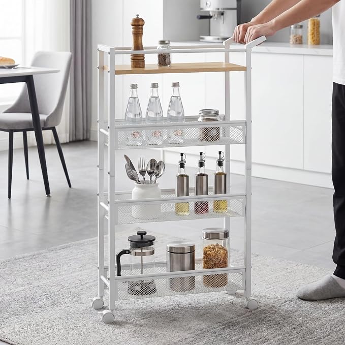 4 Tier Slim Rolling Storage Cart, 5.1 Inch Wide Narrow Storage Cart with Handle, Iron Wood Utility Slide Out Pantry Shelf Organizer for Laundry Room, Bathroom, Kitchen, Small Spaces,White