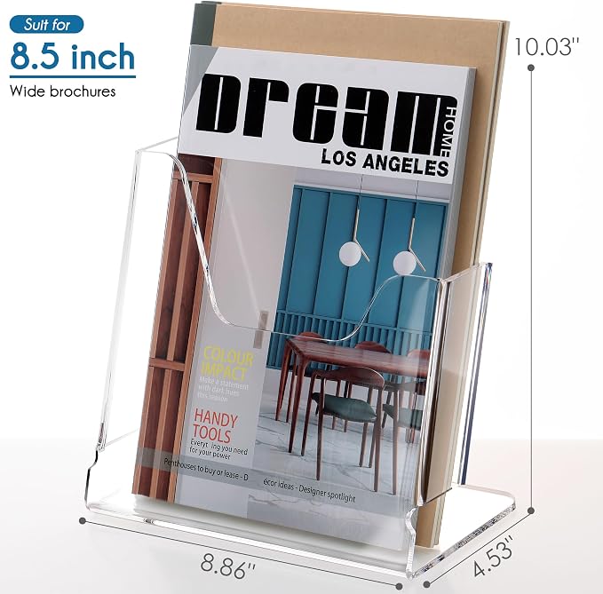 HeZone Acrylic Brochure Holder 8.5X11Inch , Clear Flyer Stand Display, Magazine Pamphlet, Booklet Holder for Desk(1 Pack) Used For Office Exhibitions Café Hotel Lobby Library...