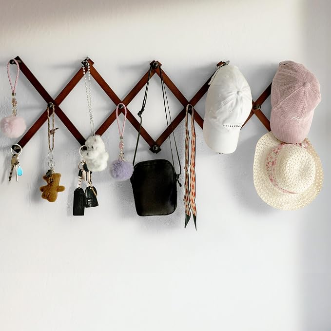 SKOLOO Hat Rack for Wall with 14 Hooks, Solid Wooden, Modern, Expandable Coat Rack Wall Mount for Coats, Hats, Bags, Baseball Caps, Cherry Red