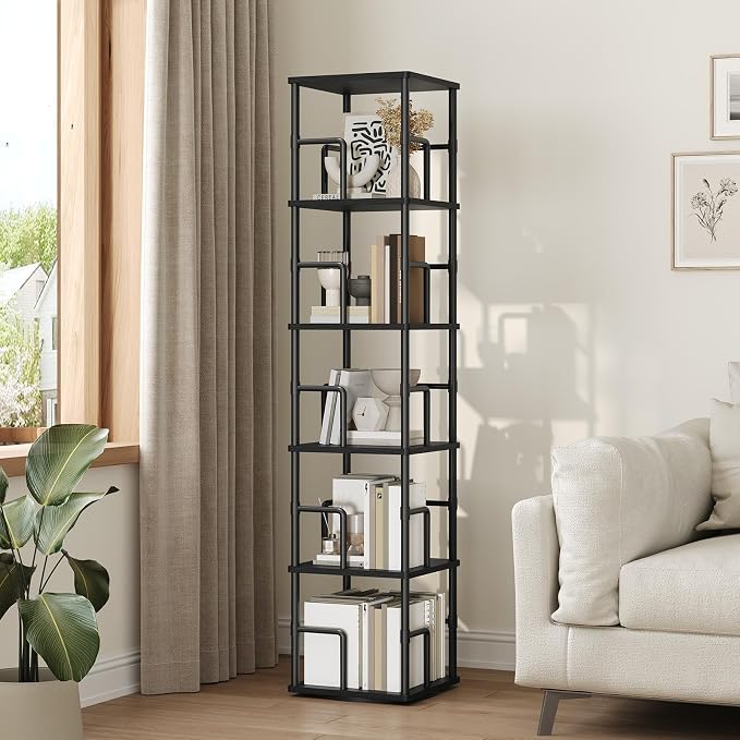 MAHANCRIS 5-Tier Rotating Bookshelf, Freestanding Corner Bookshelf, 360° Spinning Bookcase, Industrial Style Storage Rack with Rails, for Living Room, Bedroom, Study, Black BKBK1601