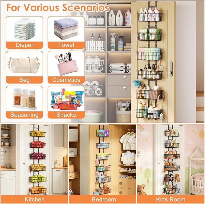 Hongtamoya Over The Door Organizer, Adjustable Hanging Door Organizer with 6 Wire Baskets 5 Hooks, Metal Behind The Door Storage for Pantry Closet Bedroom Bathroom Cabinet Kitchen Laundry Room, Black