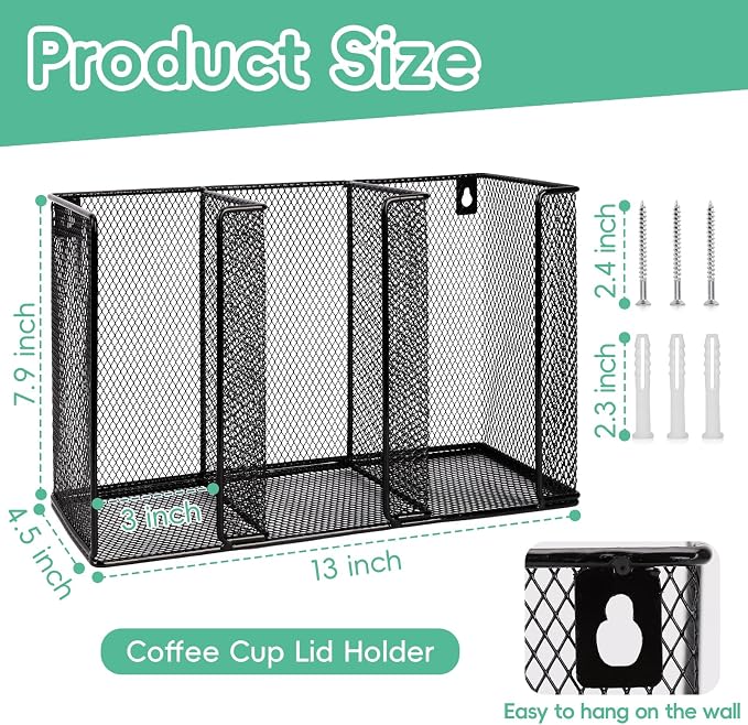 Wall Mount Coffee Cup Lid Holder Organizer 3 Compartments Coffee Cup Lid Dispenser Black Metal Mesh Disposable Cup and Lid Storage for 8-24 Oz Capacity Cup Lid Kitchen Restaurant Coffee Bar Office