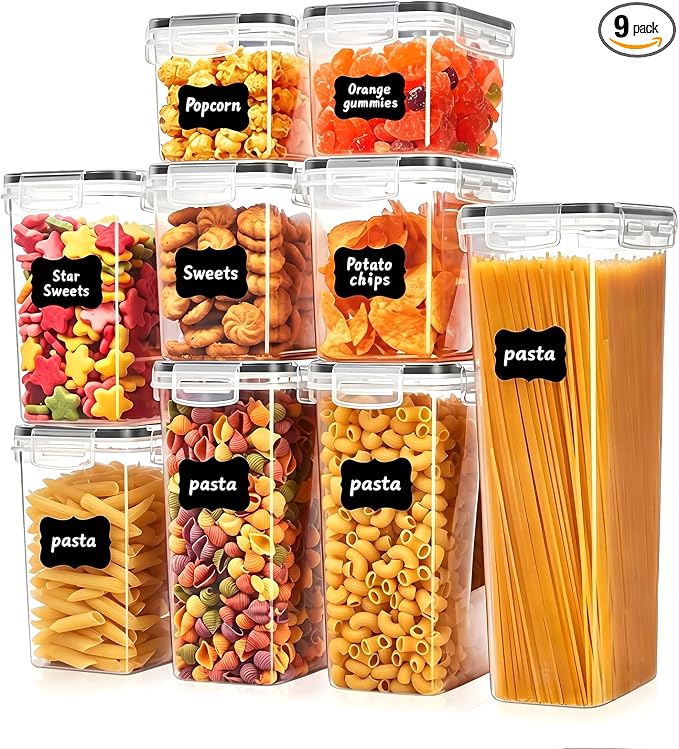 9PC Food Storage Containers, Airtight Pantry Storage Set with Lids | Stackable kitchen Storage Organizers, BPA Free Kitchen and Pantry Organization, Reusable Storage Set for Pasta, Dry Food