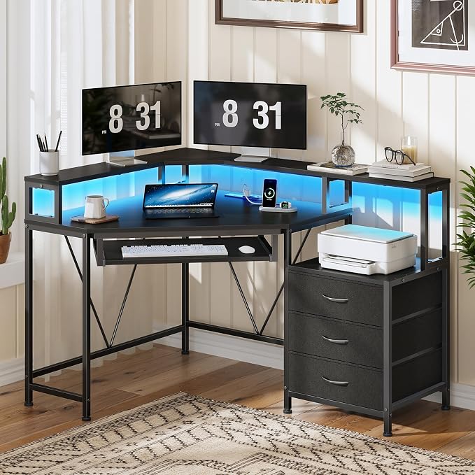 47" Corner Desk with Drawers, Power Outlets ＆ Printer Shelf for Small Space | Small Computer Desk with Monitor Stand, Triangle Gaming Desk with LED Lights and Keyboard Tray, Black