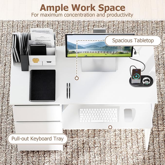 GOFLAME Computer Desk with 3 Drawers & Charging Station, 42” Home Office Desk with Storage & Keyboard Tray, Writing Desk PC Workstation Vanity Table (White)