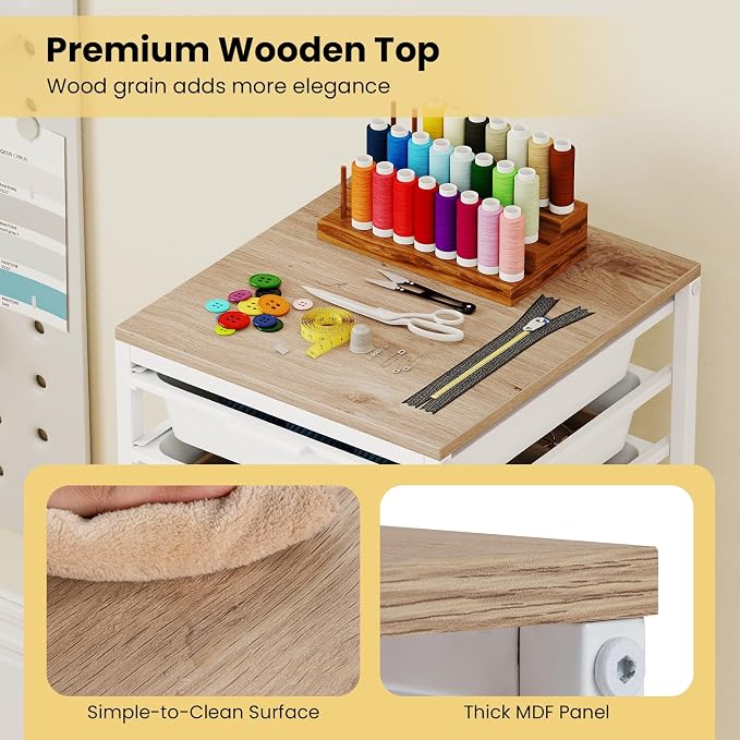 GOFLAME 10-Drawer Rolling Storage Cart, Craft Storage Cart with Wooden Tabletop and Lockable Wheels, Art Cart Supply Storage Organizer with Metal Frame for Home Office Classroom, White