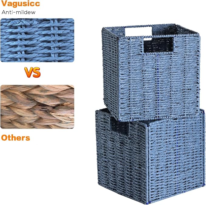 Vagusicc Wicker Storage Basket, Set of 2 Hand-Woven Storage Baskets for Shelves with Handles, Foldable Cube Storage Baskets Bins 11 Inch Large Wicker Baskets for Pantry Decor, Blue(11''x11''x11'')