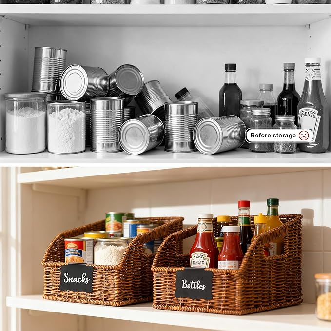 Brownlily Wicker Pantry Storage Baskets with Chalkboard,Handwoven Baskets for Organizing with Built-in Handles, All-Purpose Storage Baskets for Shelves, Laundry Room, Brown - Single Set (3-Piece)