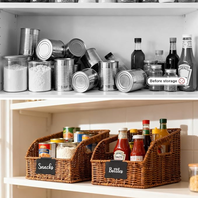Brownlily Wicker Pantry Storage Baskets with Chalkboard,Handwoven Baskets for Organizing with Built-in Handles, All-Purpose Storage Bins for Shelves, Laundry Room, Brown - Double Set Bundle (6-Piece)