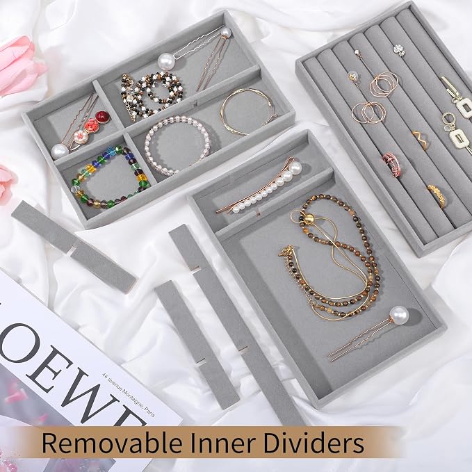 Dntorx Stackable Jewelry Organizer Trays, 6 Set of Velvet Jewelry Drawer Insert Sets Organizer Trays Jewelry Display Case Storage with Removable Dividers for Earring Necklace Rings Bracelet（Gray）