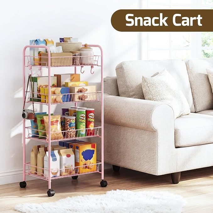 PLKOW 4-Tier Rolling Utility Cart with Detachable Baskets, Pink | 4-tier steel cart with detachable baskets, anti-fall pads, hooks, and 360° wheels for compact home storage