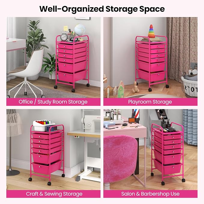 DREAMADE Rolling Cart with Storage Drawers, Utility Cart w/Removable Plastic Drawers, Lockable Wheels, Art Cart for Classroom Organization Art Supplies Office Scrapbook (6 Drawers, Hot Pink)