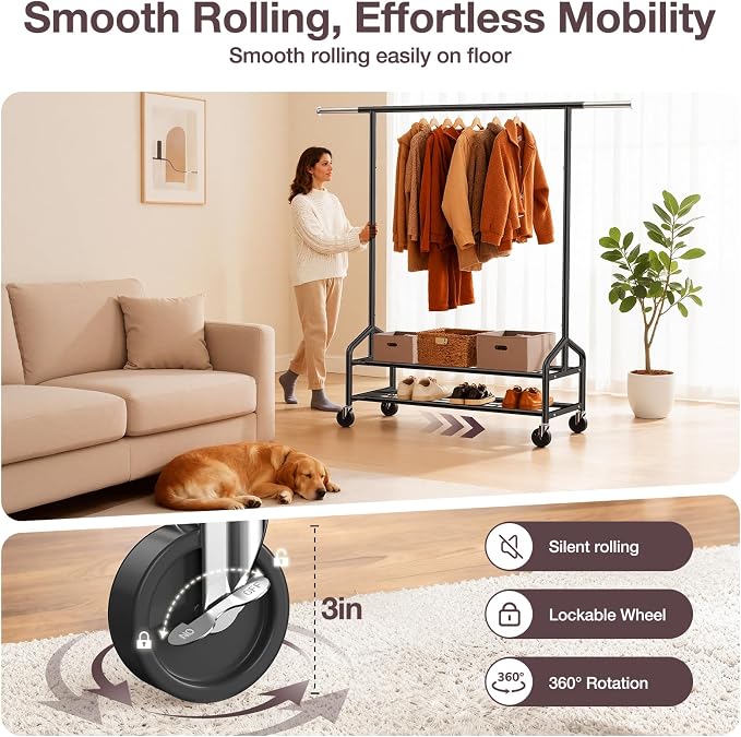 Heavy Duty Clothes Rack, Rolling Clothing Rack Load 650 LBS for Hanging Clothes with 2 Sturdy Shelves, Metal Garment Rack with Wheels for Bedroom, Laundry Room, Retail Store, Black