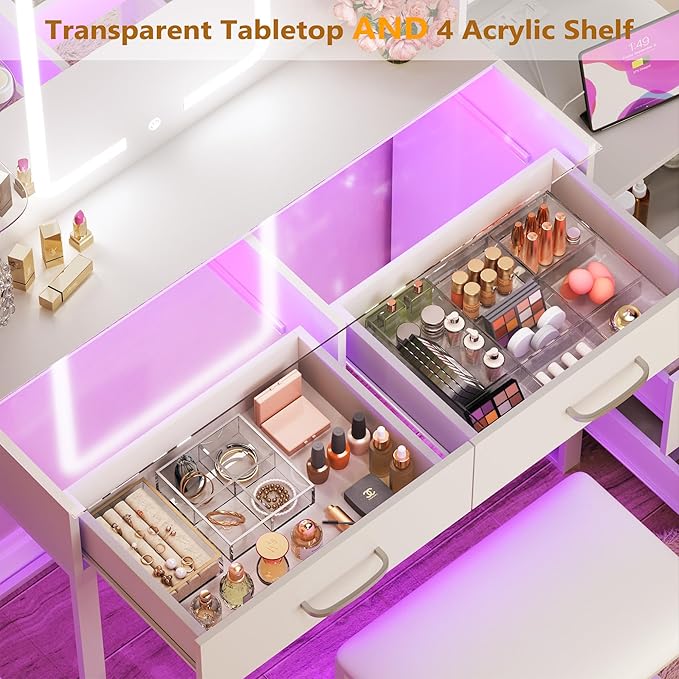 HUAHUU Vanity Desk with Mirror and Lights 3 Colors, 43.3" Makeup Vanity with Glass Top & RGB Light, White Vanity Table Set with Stool, 5 Drawers & Power Outlet for Bedroom Dressing Room